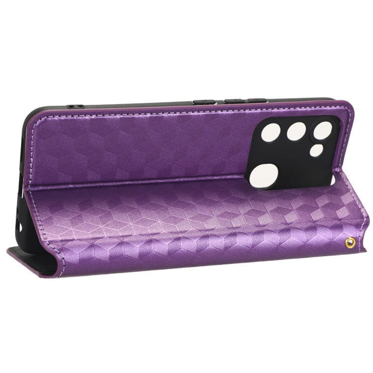 For TECNO Spark 8C 4G / Spark Go 2022 4G KG5 Case Imprinting Rhombus Pattern PU Leather Phone Stand - Purple