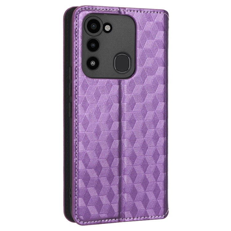 For TECNO Spark 8C 4G / Spark Go 2022 4G KG5 Case Imprinting Rhombus Pattern PU Leather Phone Stand - Purple