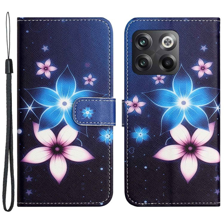 For OnePlus 10T 5G / Ace Pro 5G Adjustable Stand Cross Texture Phone Cover PU Leather 3D Pattern Printing Wallet Style Case with Strap - Blue Flower