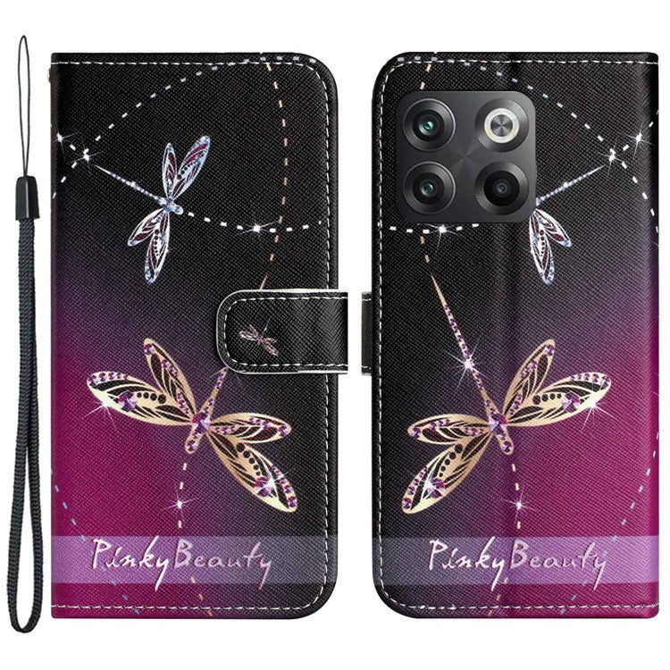 For OnePlus 10T 5G / Ace Pro 5G Adjustable Stand Cross Texture Phone Cover PU Leather 3D Pattern Printing Wallet Style Case with Strap - Dragonflies