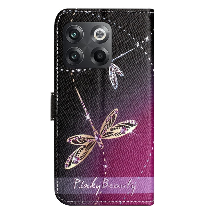 For OnePlus 10T 5G / Ace Pro 5G Adjustable Stand Cross Texture Phone Cover PU Leather 3D Pattern Printing Wallet Style Case with Strap - Dragonflies