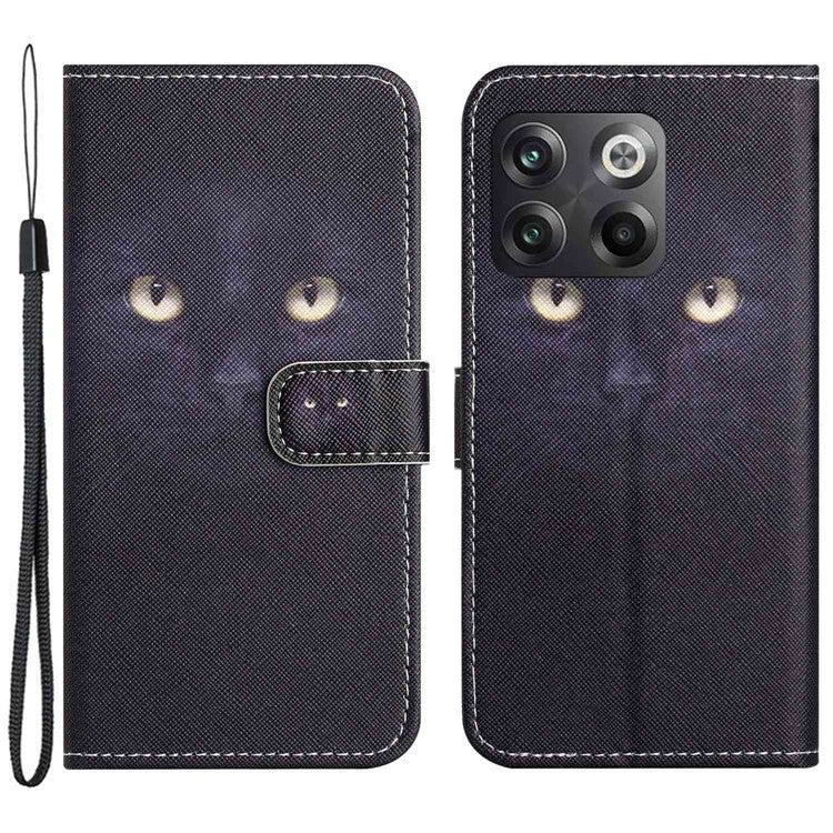 For OnePlus 10T 5G / Ace Pro 5G Adjustable Stand Cross Texture Phone Cover PU Leather 3D Pattern Printing Wallet Style Case with Strap - Cat's Eye
