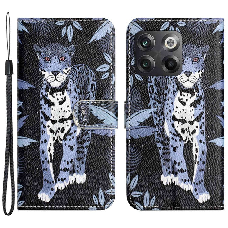 For OnePlus 10T 5G / Ace Pro 5G Adjustable Stand Cross Texture Phone Cover PU Leather 3D Pattern Printing Wallet Style Case with Strap - Leopard