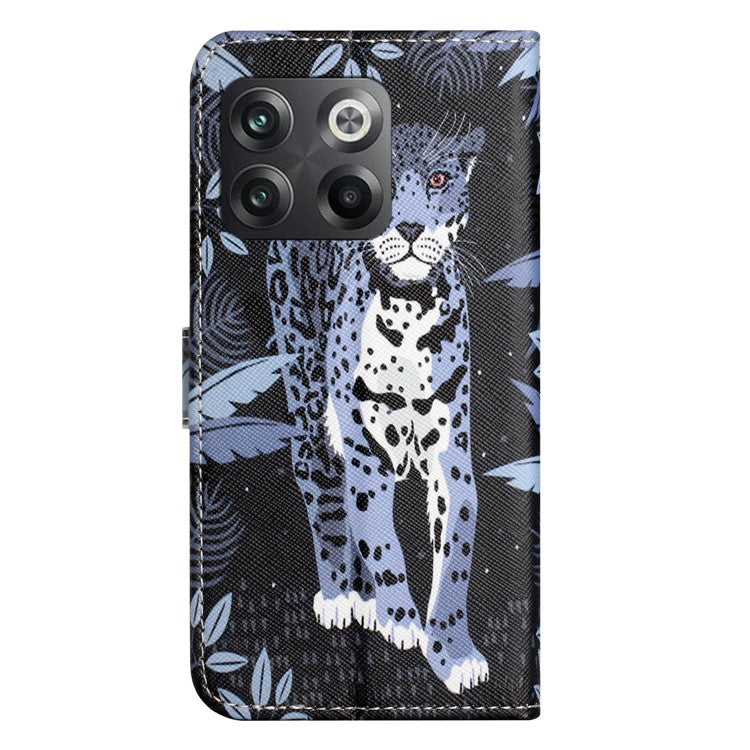 For OnePlus 10T 5G / Ace Pro 5G Adjustable Stand Cross Texture Phone Cover PU Leather 3D Pattern Printing Wallet Style Case with Strap - Leopard