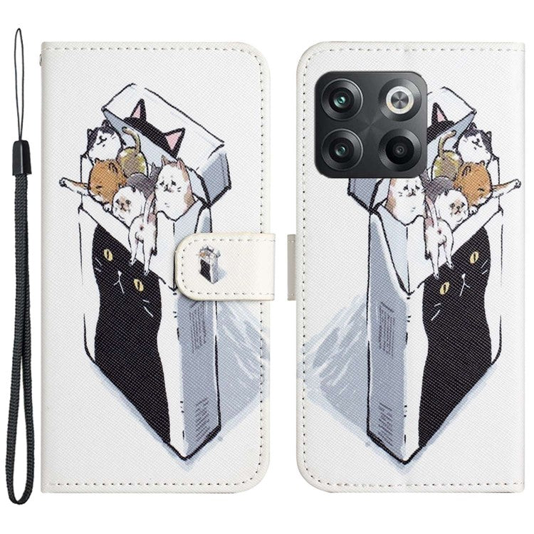 For OnePlus 10T 5G / Ace Pro 5G Adjustable Stand Cross Texture Phone Cover PU Leather 3D Pattern Printing Wallet Style Case with Strap - Cats