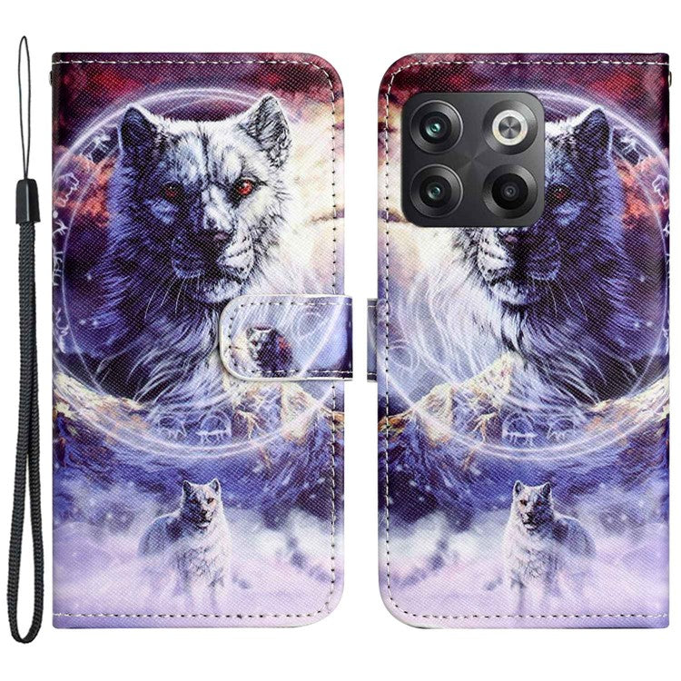 For OnePlus 10T 5G / Ace Pro 5G Adjustable Stand Cross Texture Phone Cover PU Leather 3D Pattern Printing Wallet Style Case with Strap - Snow Wolf