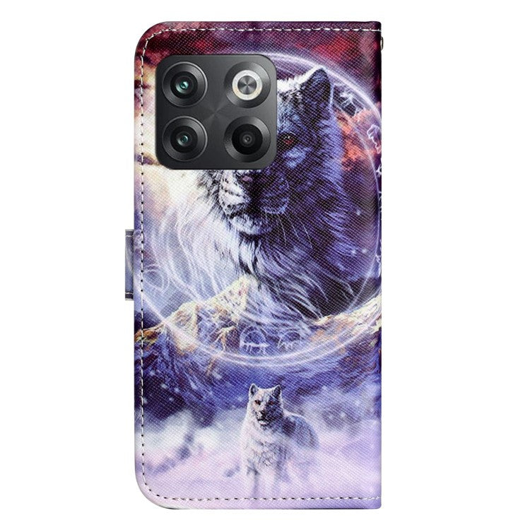 For OnePlus 10T 5G / Ace Pro 5G Adjustable Stand Cross Texture Phone Cover PU Leather 3D Pattern Printing Wallet Style Case with Strap - Snow Wolf