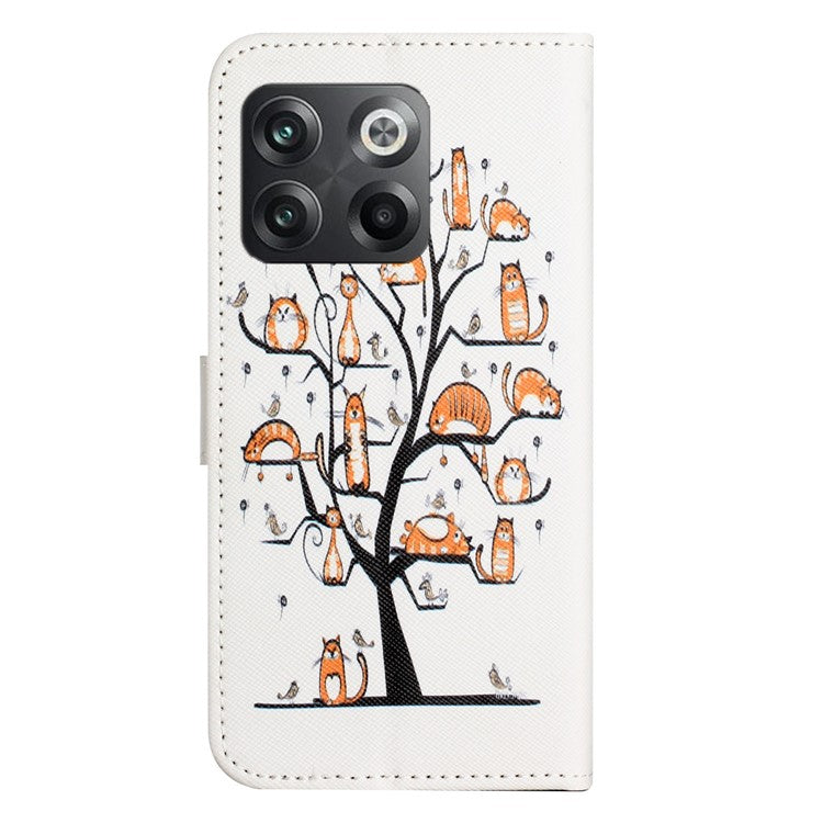 For OnePlus 10T 5G / Ace Pro 5G Adjustable Stand Cross Texture Phone Cover PU Leather 3D Pattern Printing Wallet Style Case with Strap - Cat and Tree