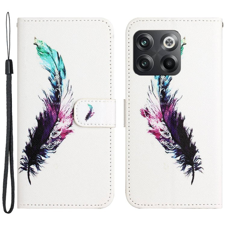 For OnePlus 10T 5G / Ace Pro 5G Adjustable Stand Cross Texture Phone Cover PU Leather 3D Pattern Printing Wallet Style Case with Strap - Feather