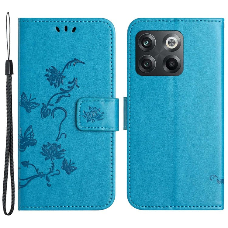 For OnePlus 10T 5G / Ace Pro 5G Butterfly Flower Imprinted Phone Case PU Leather Wallet Cover Stand Shockproof Phone Shell with Strap - Blue