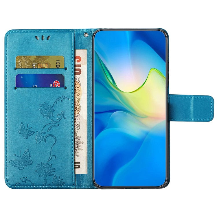For OnePlus 10T 5G / Ace Pro 5G Butterfly Flower Imprinted Phone Case PU Leather Wallet Cover Stand Shockproof Phone Shell with Strap - Blue