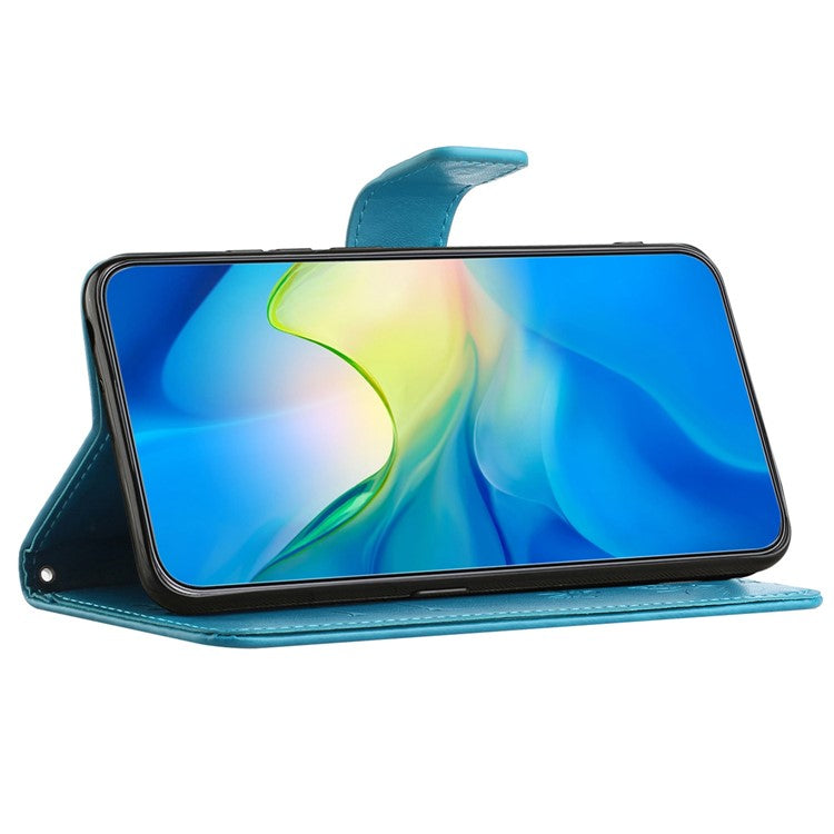 For OnePlus 10T 5G / Ace Pro 5G Butterfly Flower Imprinted Phone Case PU Leather Wallet Cover Stand Shockproof Phone Shell with Strap - Blue