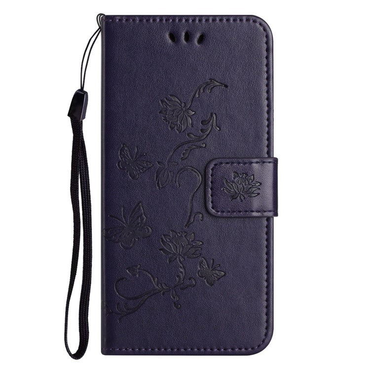 For OnePlus 10T 5G / Ace Pro 5G Butterfly Flower Imprinted Phone Case PU Leather Wallet Cover Stand Shockproof Phone Shell with Strap - Dark Purple