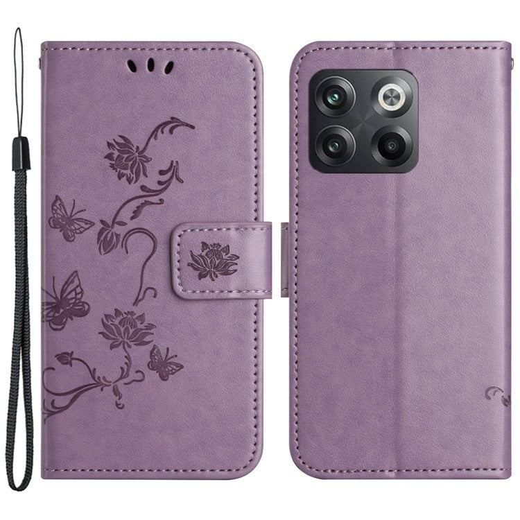 For OnePlus 10T 5G / Ace Pro 5G Butterfly Flower Imprinted Phone Case PU Leather Wallet Cover Stand Shockproof Phone Shell with Strap - Purple