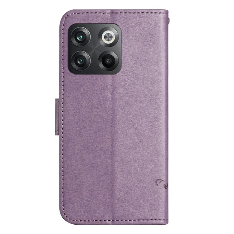 For OnePlus 10T 5G / Ace Pro 5G Butterfly Flower Imprinted Phone Case PU Leather Wallet Cover Stand Shockproof Phone Shell with Strap - Purple