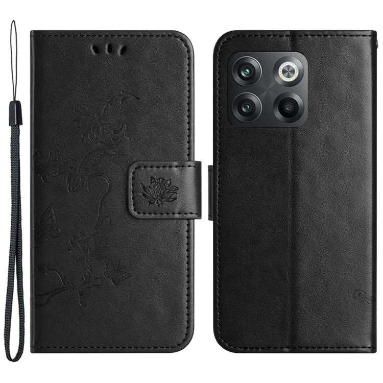 For OnePlus 10T 5G / Ace Pro 5G Butterfly Flower Imprinted Phone Case PU Leather Wallet Cover Stand Shockproof Phone Shell with Strap - Black