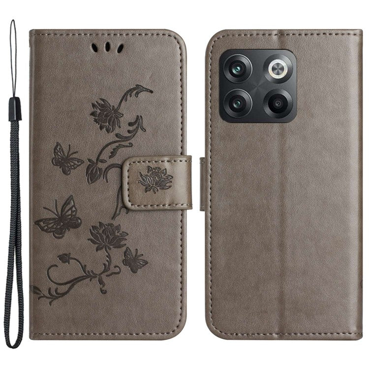 For OnePlus 10T 5G / Ace Pro 5G Butterfly Flower Imprinted Phone Case PU Leather Wallet Cover Stand Shockproof Phone Shell with Strap - Grey