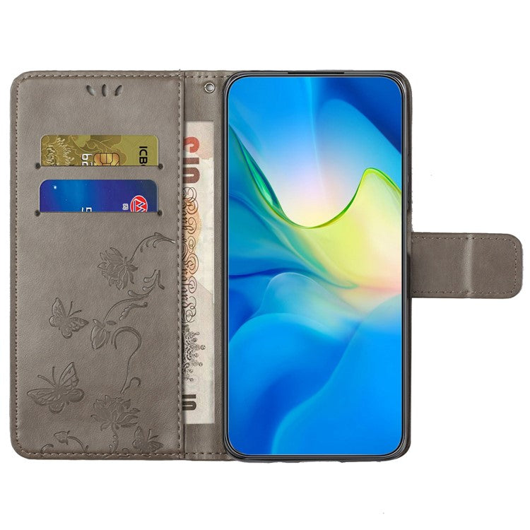 For OnePlus 10T 5G / Ace Pro 5G Butterfly Flower Imprinted Phone Case PU Leather Wallet Cover Stand Shockproof Phone Shell with Strap - Grey