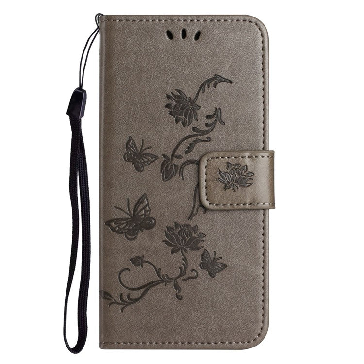 For OnePlus 10T 5G / Ace Pro 5G Butterfly Flower Imprinted Phone Case PU Leather Wallet Cover Stand Shockproof Phone Shell with Strap - Grey