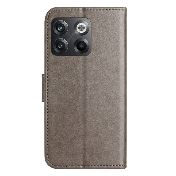 For OnePlus 10T 5G / Ace Pro 5G Butterfly Flower Imprinted Phone Case PU Leather Wallet Cover Stand Shockproof Phone Shell with Strap - Grey