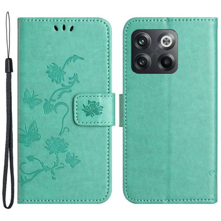 For OnePlus 10T 5G / Ace Pro 5G Butterfly Flower Imprinted Phone Case PU Leather Wallet Cover Stand Shockproof Phone Shell with Strap - Cyan