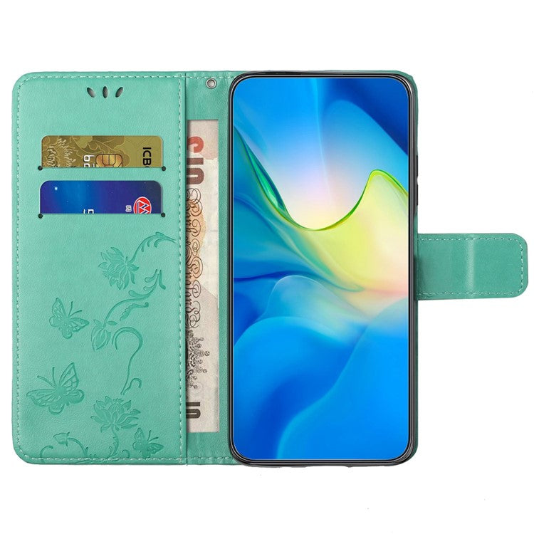 For OnePlus 10T 5G / Ace Pro 5G Butterfly Flower Imprinted Phone Case PU Leather Wallet Cover Stand Shockproof Phone Shell with Strap - Cyan