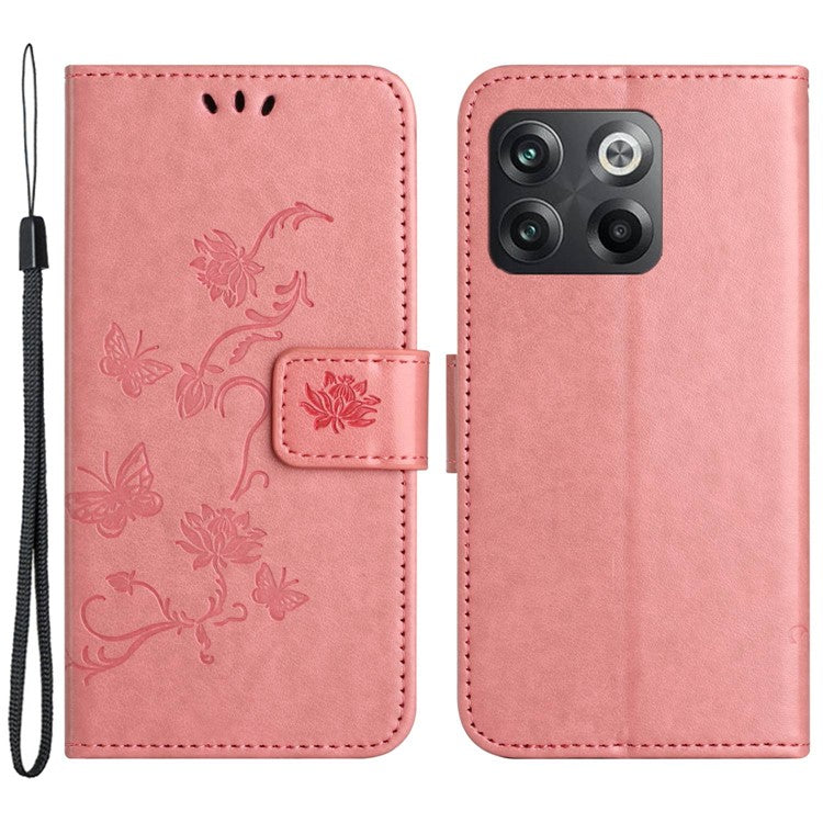 For OnePlus 10T 5G / Ace Pro 5G Butterfly Flower Imprinted Phone Case PU Leather Wallet Cover Stand Shockproof Phone Shell with Strap - Pink