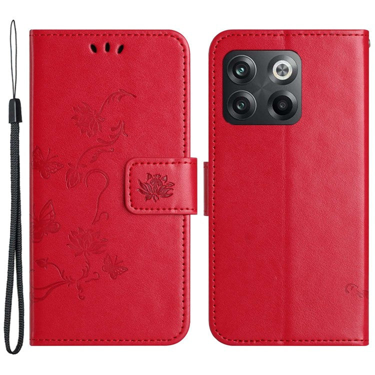 For OnePlus 10T 5G / Ace Pro 5G Butterfly Flower Imprinted Phone Case PU Leather Wallet Cover Stand Shockproof Phone Shell with Strap - Red