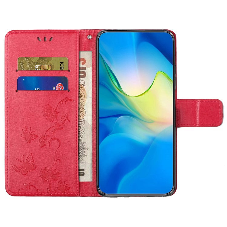 For OnePlus 10T 5G / Ace Pro 5G Butterfly Flower Imprinted Phone Case PU Leather Wallet Cover Stand Shockproof Phone Shell with Strap - Red