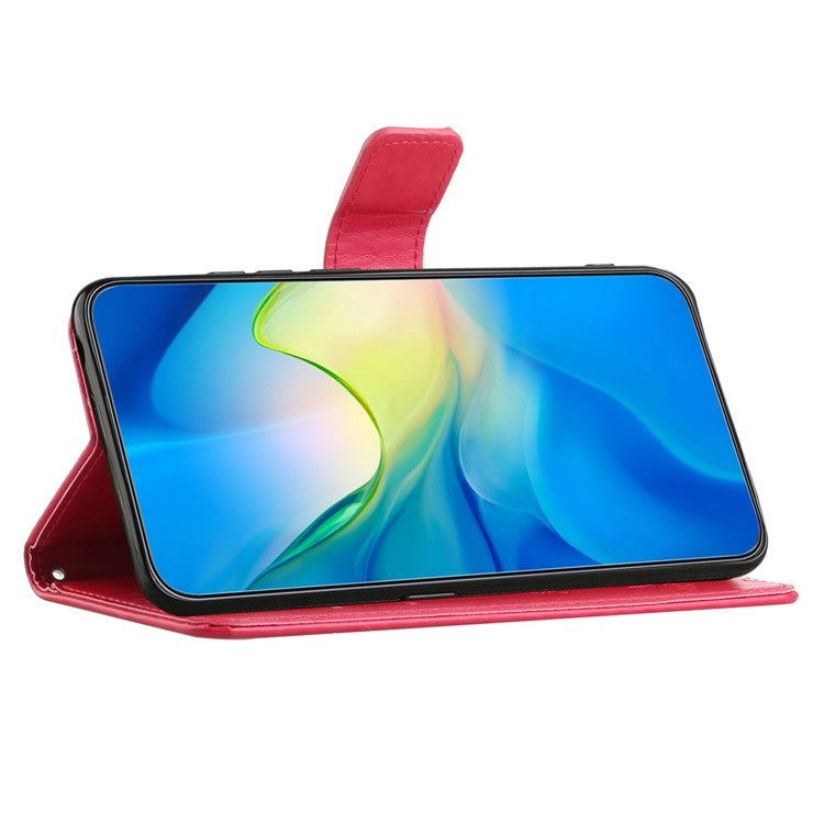 For OnePlus 10T 5G / Ace Pro 5G Butterfly Flower Imprinted Phone Case PU Leather Wallet Cover Stand Shockproof Phone Shell with Strap - Red