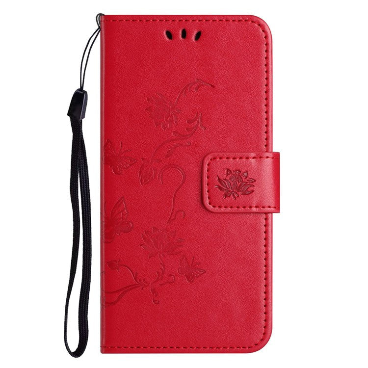 For OnePlus 10T 5G / Ace Pro 5G Butterfly Flower Imprinted Phone Case PU Leather Wallet Cover Stand Shockproof Phone Shell with Strap - Red