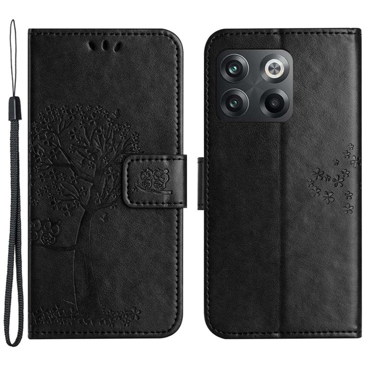 For OnePlus 10T 5G / Ace Pro 5G Drop-proof PU Leather Phone Case Imprinted Owl Tree Pattern Wallet Stand Protective Shell with Wrist Strap - Black