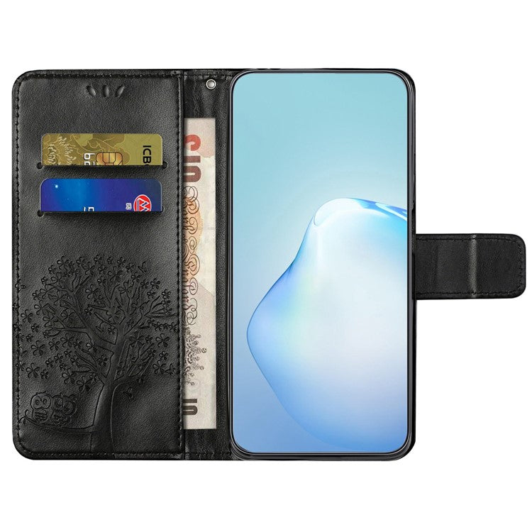 For OnePlus 10T 5G / Ace Pro 5G Drop-proof PU Leather Phone Case Imprinted Owl Tree Pattern Wallet Stand Protective Shell with Wrist Strap - Black
