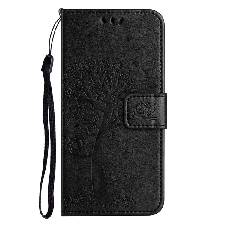 For OnePlus 10T 5G / Ace Pro 5G Drop-proof PU Leather Phone Case Imprinted Owl Tree Pattern Wallet Stand Protective Shell with Wrist Strap - Black