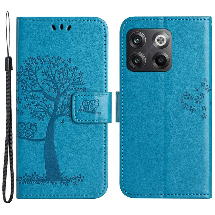 For OnePlus 10T 5G / Ace Pro 5G Drop-proof PU Leather Phone Case Imprinted Owl Tree Pattern Wallet Stand Protective Shell with Wrist Strap - Blue