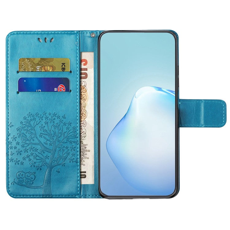 For OnePlus 10T 5G / Ace Pro 5G Drop-proof PU Leather Phone Case Imprinted Owl Tree Pattern Wallet Stand Protective Shell with Wrist Strap - Blue