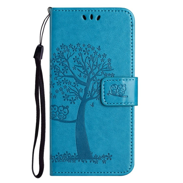 For OnePlus 10T 5G / Ace Pro 5G Drop-proof PU Leather Phone Case Imprinted Owl Tree Pattern Wallet Stand Protective Shell with Wrist Strap - Blue