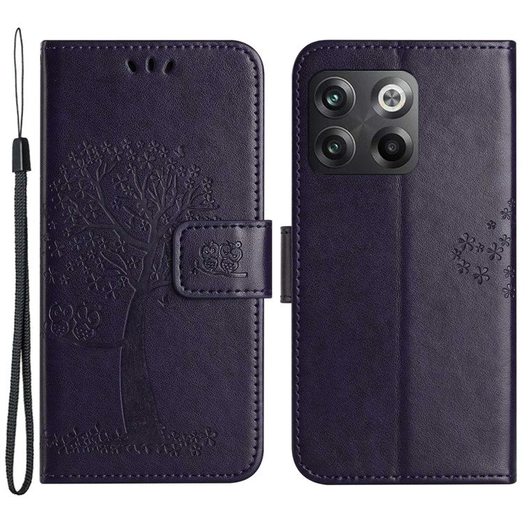 For OnePlus 10T 5G / Ace Pro 5G Drop-proof PU Leather Phone Case Imprinted Owl Tree Pattern Wallet Stand Protective Shell with Wrist Strap - Dark Purple