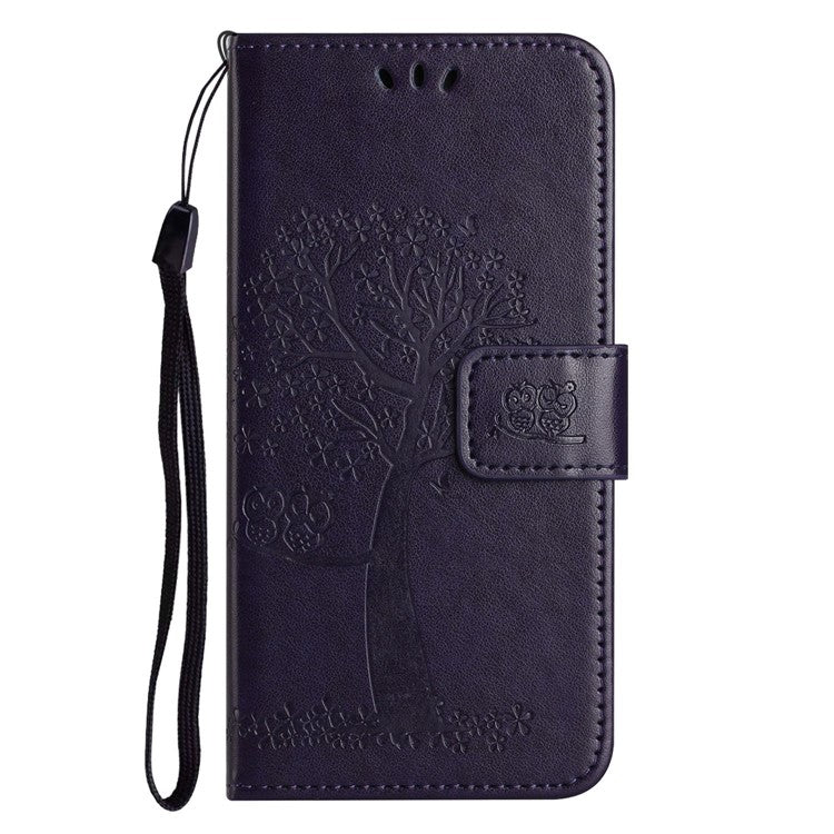 For OnePlus 10T 5G / Ace Pro 5G Drop-proof PU Leather Phone Case Imprinted Owl Tree Pattern Wallet Stand Protective Shell with Wrist Strap - Dark Purple