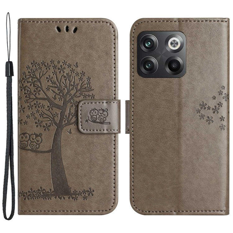 For OnePlus 10T 5G / Ace Pro 5G Drop-proof PU Leather Phone Case Imprinted Owl Tree Pattern Wallet Stand Protective Shell with Wrist Strap - Grey