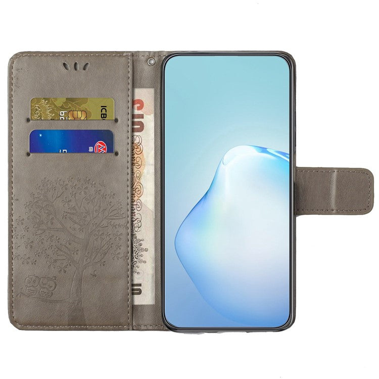 For OnePlus 10T 5G / Ace Pro 5G Drop-proof PU Leather Phone Case Imprinted Owl Tree Pattern Wallet Stand Protective Shell with Wrist Strap - Grey