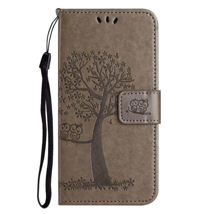 For OnePlus 10T 5G / Ace Pro 5G Drop-proof PU Leather Phone Case Imprinted Owl Tree Pattern Wallet Stand Protective Shell with Wrist Strap - Grey