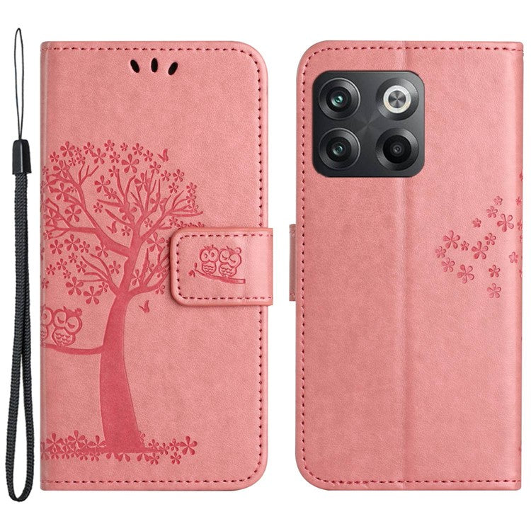 For OnePlus 10T 5G / Ace Pro 5G Drop-proof PU Leather Phone Case Imprinted Owl Tree Pattern Wallet Stand Protective Shell with Wrist Strap - Pink