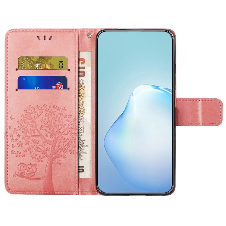 For OnePlus 10T 5G / Ace Pro 5G Drop-proof PU Leather Phone Case Imprinted Owl Tree Pattern Wallet Stand Protective Shell with Wrist Strap - Pink