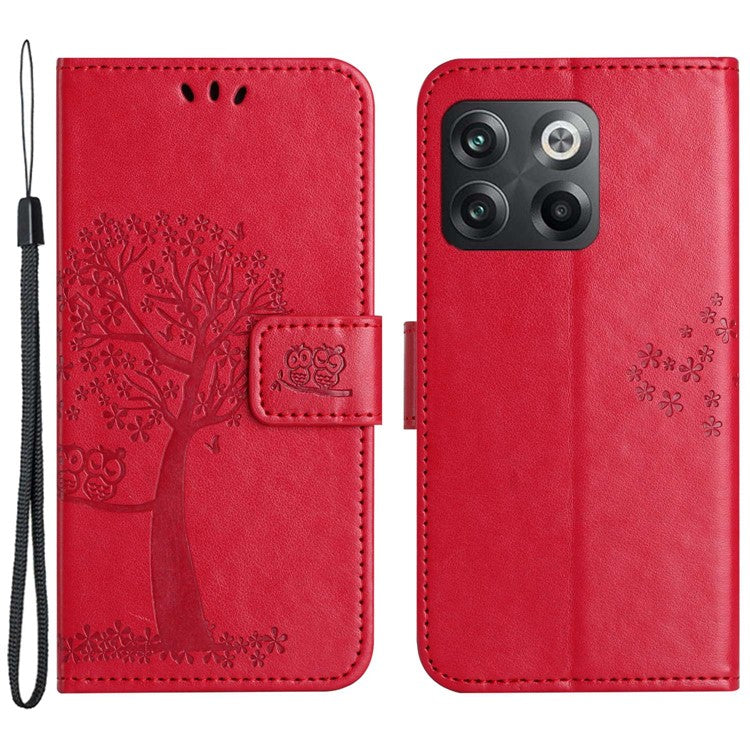 For OnePlus 10T 5G / Ace Pro 5G Drop-proof PU Leather Phone Case Imprinted Owl Tree Pattern Wallet Stand Protective Shell with Wrist Strap - Red