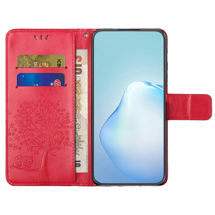 For OnePlus 10T 5G / Ace Pro 5G Drop-proof PU Leather Phone Case Imprinted Owl Tree Pattern Wallet Stand Protective Shell with Wrist Strap - Red