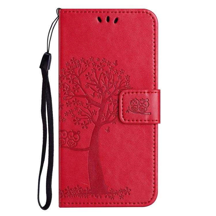 For OnePlus 10T 5G / Ace Pro 5G Drop-proof PU Leather Phone Case Imprinted Owl Tree Pattern Wallet Stand Protective Shell with Wrist Strap - Red