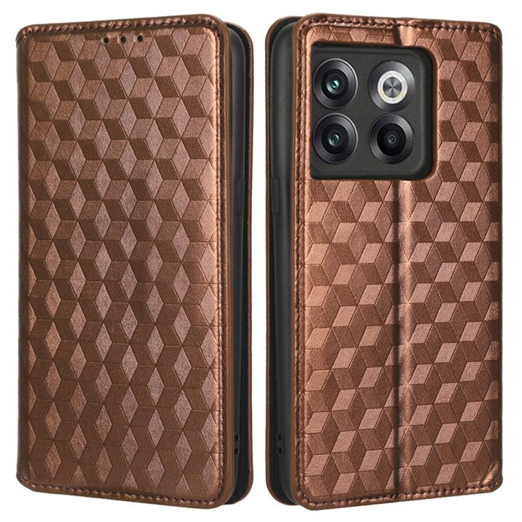 Wallet Cover for OnePlus 10T 5G / Ace Pro 5G, Flip PU Leather Stand Imprinting Rhombus Pattern Phone Case - Brown