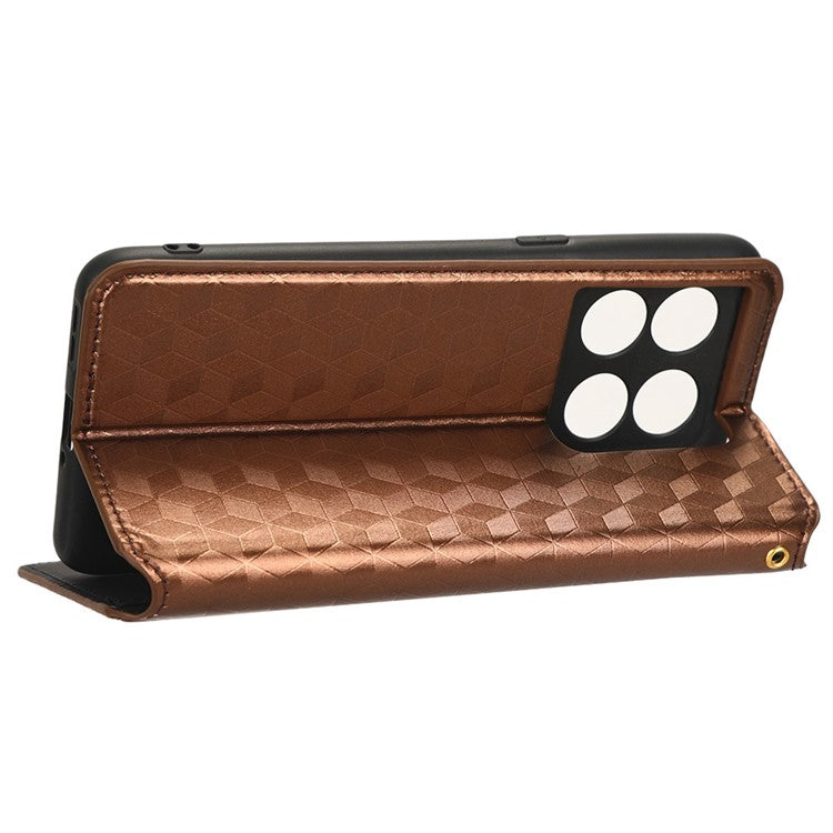 Wallet Cover for OnePlus 10T 5G / Ace Pro 5G, Flip PU Leather Stand Imprinting Rhombus Pattern Phone Case - Brown