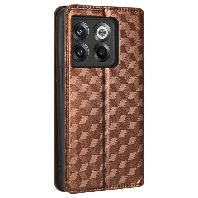 Wallet Cover for OnePlus 10T 5G / Ace Pro 5G, Flip PU Leather Stand Imprinting Rhombus Pattern Phone Case - Brown